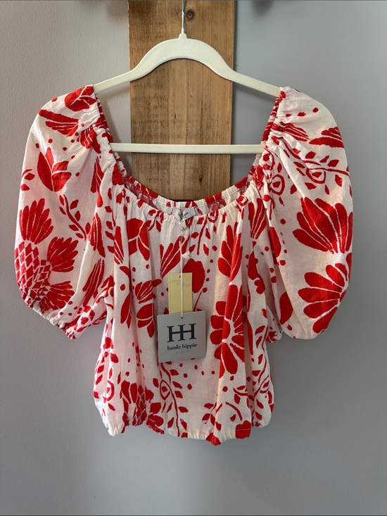 Haute Hippie Tops - Haute Hippie White Top with Red Floral Print and Subtle Puff Sleeves, L, NWTs